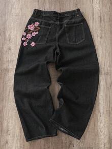 Manfinity Joysei Men's Street Fashion Casual Plaid Embroidered Floral Design Straight Leg Wide Leg Jeans Baggy Jeans With Design - Black - View 2