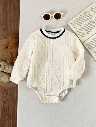 SHEIN 男婴可爱菱形格子拼接长袖连体衣，百搭，适合春、秋、冬三季穿着。