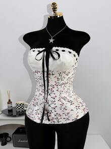 INAWLY Women's Elegant Ditsy Floral Tie Front Cropped Camisole Top, Summer - White - View 7