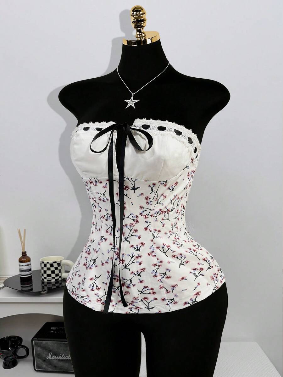 INAWLY 女士优雅碎花系带露脐吊带背心，夏季 - 白色 - 查看 1