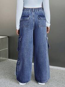 SHEIN Tween Girl's Y2K Loose Casual Denim Jeans With Pockets, Pleats, And Wide-Legged Design,Girls Casual Button,Pocket,Zipper Drop Waist Wide Leg Long Blue Loose Girls Jeans,Fall/Winter,Casual Daily Wear