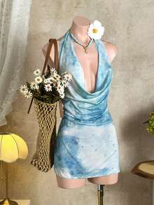 Soleia Summer Vacation Outfits Women Elegant Women's Beach Swimsuit Women's Tie-Dye Print Draped Neck Casual Dress - Multicolor - View 4