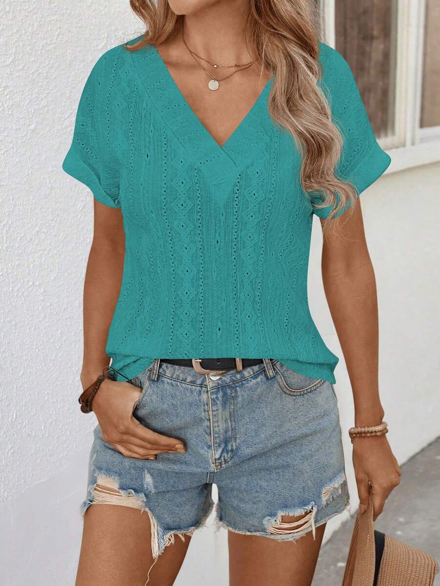 EMERY ROSE Women's Casual Daily Commute Travel Solid Color V-Neck Schiffy T-Shirt, Summer Teal - Teal Blue - View 1