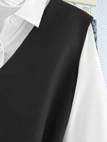 Franclia Stylish Black And White Collared Long Sleeve Shirt With Vest Design And Belt Detail - Black and White - View 3