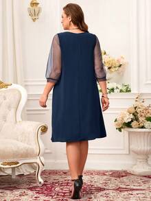 Miaspire Plus Size Women's Mesh Contrast Black Elegant Mother's Day Dress - Navy Blue - View 2