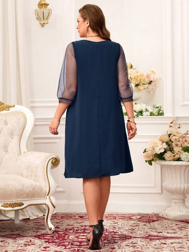 Vestido elegante de talla grande para el Día de la Madre con contraste de malla negra