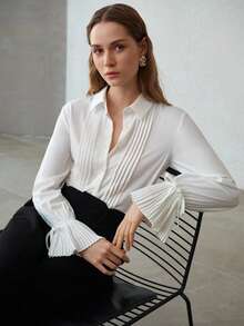 MOTF PREMIUM 女士纯色褶皱袖口休闲衬衫 - 白色 - 查看 1