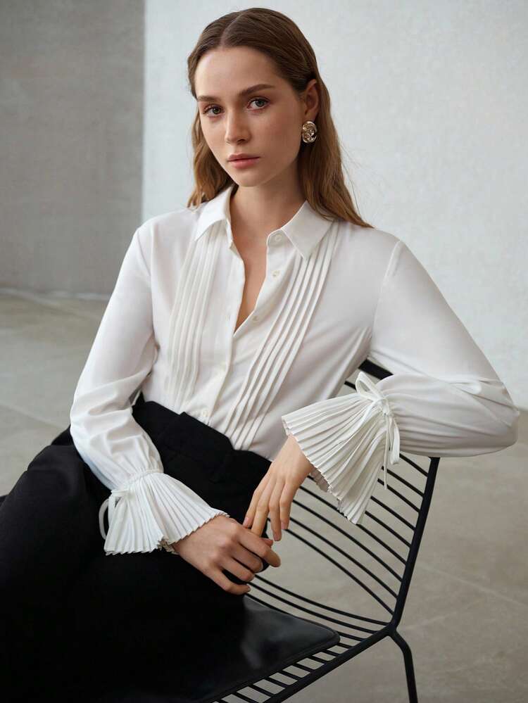 WOMEN'S SOLID COLOR PLEATED CUFF CASUAL BLOUSE