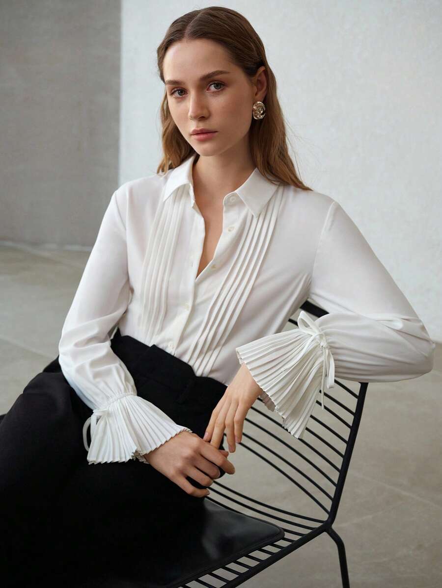 MOTF PREMIUM 女士纯色褶皱袖口休闲衬衫 - 白色 - 查看 1