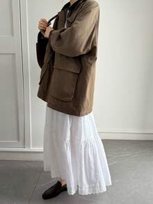 Livesso 宽松波西米亚度假风时尚办公街头风纹理褶皱提花镂空蕾丝拼接女裙，春夏款 - 白色 - 查看 5