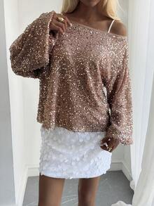 Livesso Women's Solid Color Sequin Off-Shoulder Long Sleeve Loose Top Carnival - Champagne - View 4