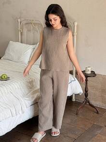 Dazy Kids Tween Girl Ribbed Knit Crew Neck Tank Top And Pants Casual Loungewear Set - Khaki - View 5