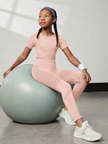 SHEIN 1 件青少年女孩紧身裤，灰色蜜桃臀健身裤，深蹲防走光紧身裤，适合健身房锻炼瑜伽，春秋季