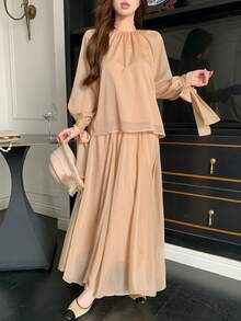 DAZY Spring & Summer Chiffon Blouse & Flared Skirt 2-Piece Set, Elegant Tie-Up Design, Suitable For Casual, Vacation, Beach, Wedding, Valentine's Day - Champagne - View 6