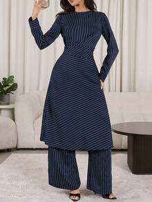 Veilorie 女士通勤时尚条纹收腰长款上衣和长裤阿拉伯风格套装 - 彩色 - 查看 2