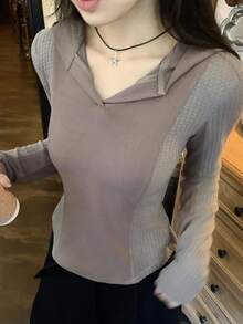 DAZY Camiseta de manga larga con capucha de estilo coreano casual y holgada para mujer - Gris - Ver 11