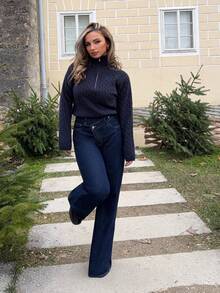 Jeta Ari 女士休闲水洗不对称腰部阔腿牛仔裤，商务休闲女装，工作裤，阔腿牛仔裤，外出，女士秋季服装，深蓝色阔腿牛仔裤，休闲裤，老款女装 - 深色水洗藍 - 查看 1