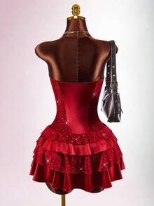 Amplova Women's Strapless Sequin Mini Dress With Waist Cutout, Sexy And Suitable For Valentine's Day, New Year Date Night - Cherry Red - View 3