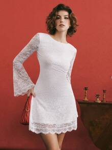 Poéselle 女士优雅蕾丝喇叭袖收腰短款连衣裙，适合春、夏、秋季穿着 - 白色 - 查看 2