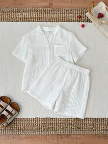 SHEIN 两件套男童休闲简约白色褶皱面料短袖衬衫和松紧腰短裤套装，适合生日派对、锐舞派对、晚宴、演出、婚礼、洗礼等场合。 - 彩色 - 查看 7