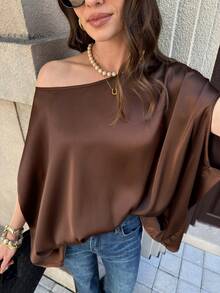 Solivie 女士春季斗篷式上衣，咖啡色，时尚百搭，适合外出、聚会、情人节等夏季场合，蝙蝠袖上衣，深棕色上衣，巧克力棕色上衣 - 咖啡棕 - 查看 1