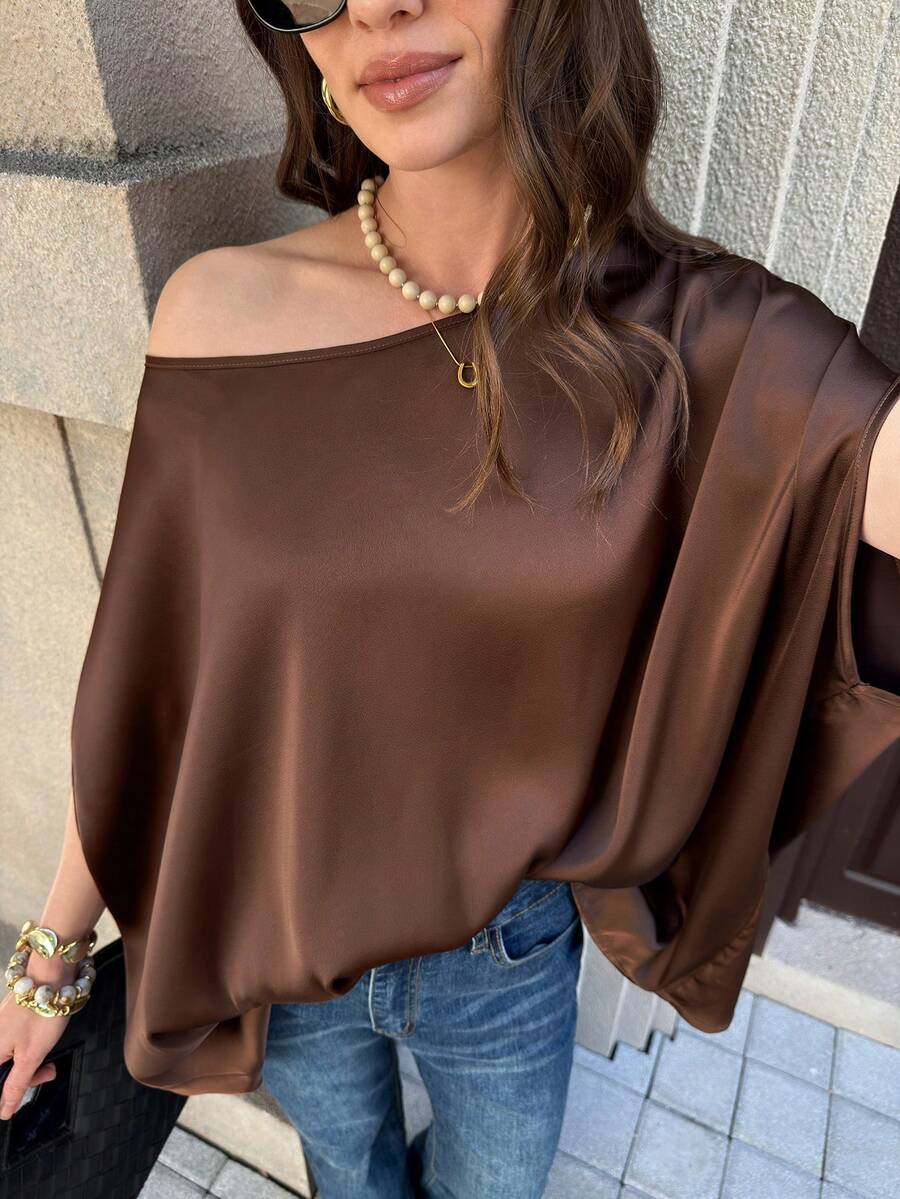 Solivie 女士春季斗篷式上衣，咖啡色，时尚百搭，适合外出、聚会、情人节等夏季场合，蝙蝠袖上衣，深棕色上衣，巧克力棕色上衣 - 咖啡棕 - 查看 1