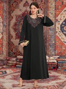 Al Najma Women's Notched Neck Floral Embroidered Elegant Long Sleeve Arabic Dress - Black - View 2