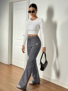 SHEIN Tall Women's Embroidery Flare Pants, Fashionable Design Suitable For Summer - Dark Grey - View 5