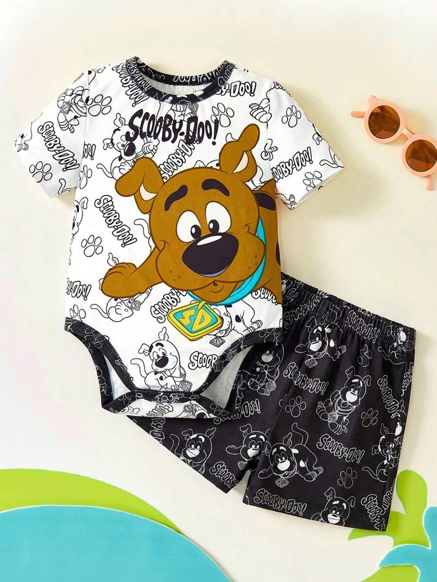 SCOOBY-DOO X SHEIN 2 pièces Ensemble tenue d'été bébé garçon, barboteuse et short imprimé chiot de dessin animé - Noir et Blanc - Voir 1