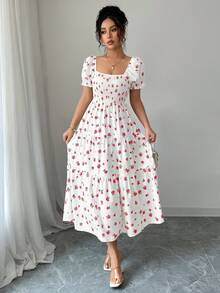 Elenzga 女式方领收腰碎花优雅短款连衣裙 - 粉色 - 查看 5