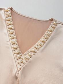 Franclia Women's Spring/Summer French Elegant Design Bubble Decor V-Neck Long Sleeve Casual Versatile Satin Blouse - Champagne - View 3