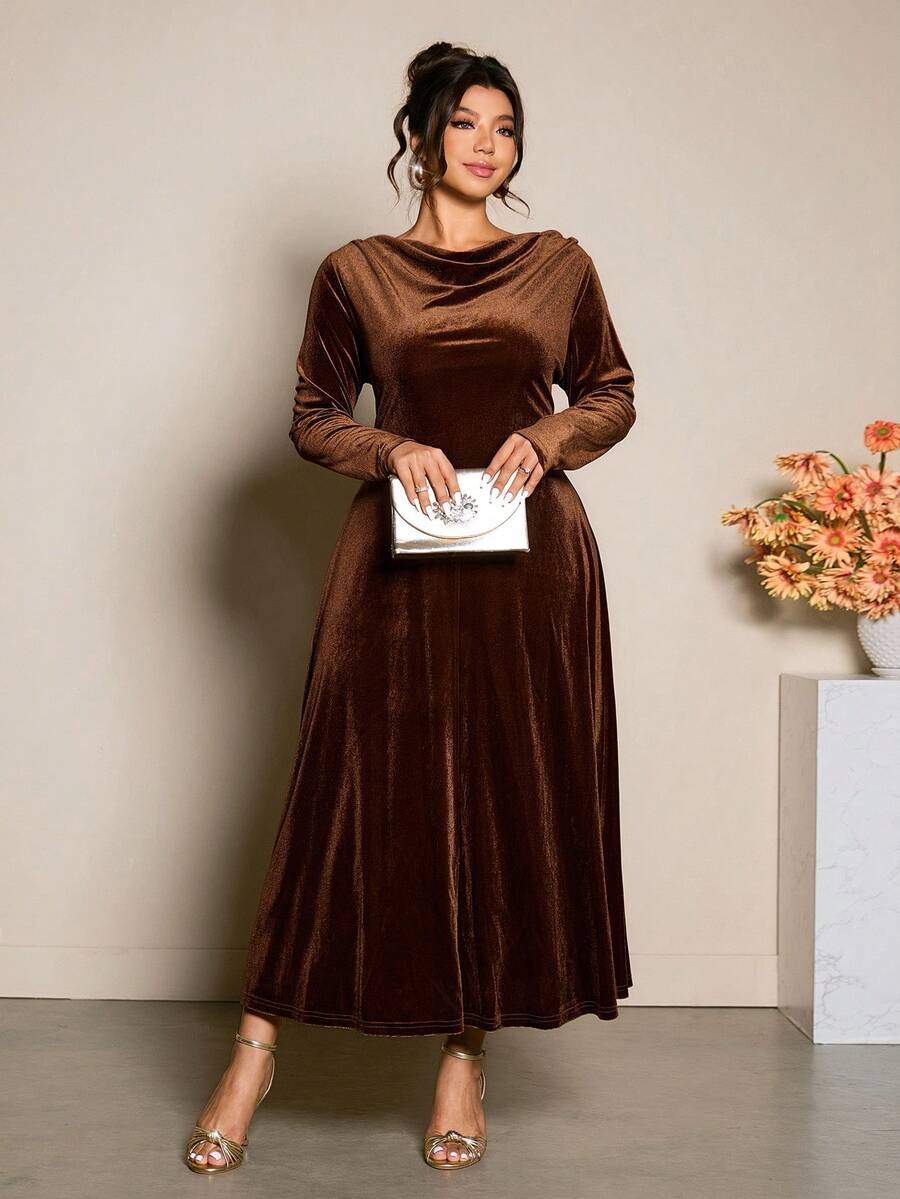 Cravure Vestido de manga larga con cuello drapeado de terciopelo, estilo vintage francés, talla grande - Granate - Ver 1