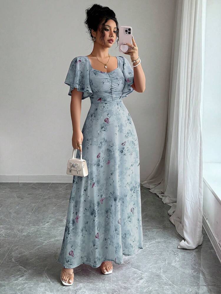 Modelyn Women's Chiffon Butterfly Print Bat Sleeve Pleated Sweet French  Style Summer Dress