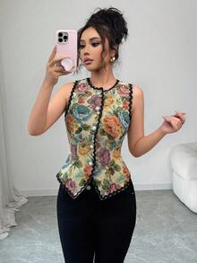 SHEIN Elenzya Áo hai dây họa tiết hoa thêu ren tinh tế, Xuân/Hè - Nhiều màu - Xem 7