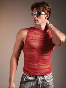 FeverCity Sexy Mesh Sheer, Ruched Design, Slim Fit Men's Tank Top - Red - View 3