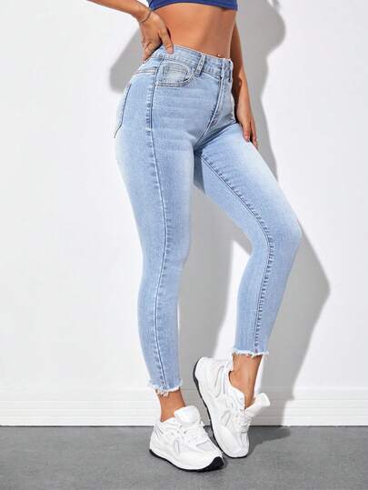SHEIN PETITE Women's High Waist Pocket Skinny Casual Versatile Denim Jeans Jeans High Waist Light Jeans Jeans Skinny Cropped Jeans Frayed Hem Jeans