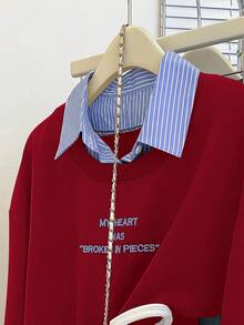 INAWLY Women's Autumn Slogan Print Patchwork Striped Shirt Collar Long Sleeve Casual 2 In 1 Sweatshirt, Christmas - Red - View 4
