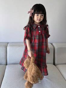 DAZY 女嬰韓式格紋長袖荷葉領舒適居家服幼兒 - 紅色 - 查看 5