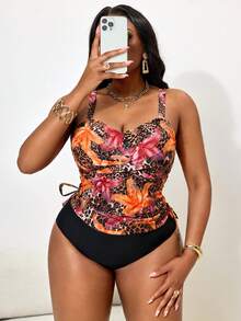 Slaydiva 大码女士两件式泳衣，印花吊带泳装，适合夏季度假 - 彩色 - 查看 5