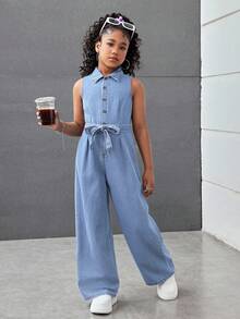 少女春夏假期蝴蝶结扭腰设计休闲宽松牛仔连体裤，立领，适合女孩夏季海滩波西米亚风度假，夏季音乐会、节日、锐舞派对等场合，也适合女孩夏季早午餐、教堂、毕业典礼等场合，以及街头风返校季穿着。 - 淺色水洗藍 - 查看 4