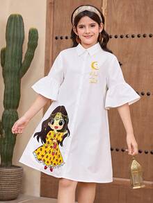 SHEIN Tween女孩春夏優雅休閒通勤卡通女孩印花襯衫領短袖寬鬆A字洋裝白色襯衫洋裝 - 白色 - 查看 3