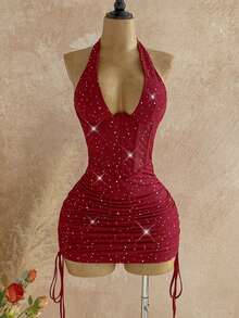 Soleia 女士亮片深V领系带露背褶皱腰身修身迷你派对连衣裙 - 紅色 - 查看 3