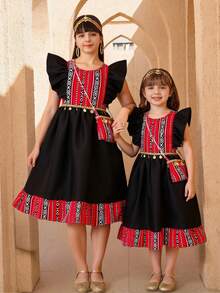 Gaun Pengantin Tradisional Musim Panas Hitam Motif Geometris untuk Anak Perempuan, Lengan Bergelombang, Resleting Belakang, Pakaian Pesta Arab dengan Tas Tangan Bermotif - Hitam - View 1