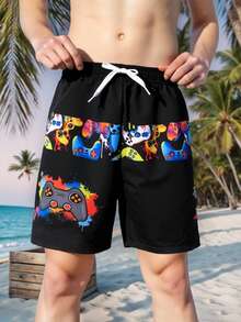 SHEIN Boys' Video Game Print Elastic Waist Drawstring Beach Shorts, Fashionable Casual Swim Trunks