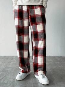 HUEFORM Pantalones casuales de hombre con estampado de cuadros y cordón en la cintura, adecuados para el uso diario en otoño/invierno - Rojo y blanco - Ver 3