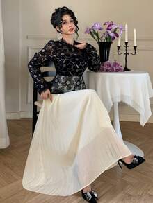 DAZY Đầm organza họa tiết hoa mùa xuân & hè, đính hoa 3D, đá và sequin, thanh lịch cho ngày Valentine, đám cưới, tiệc tùng, dịp trang trọng, dáng ôm, đầm midi xếp ly phối lưới xuyên thấu màu đen trắng, đầm dự tiệc cưới ngày Valentine. - màu đen - Xem 9