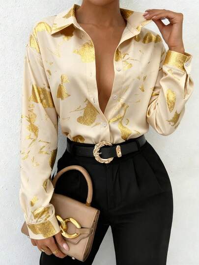 Rafferiza Modieuze damesblouse in vintage Chinese stijl met goudfolie-inktprint, losse pasvorm met verlaagde schouders en omgeslagen kraag, lange mouwen, soepelvallende en comfortabele stof, stijlvolle, casual blouse met knoopsluiting.