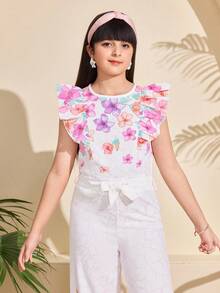 SHEIN Bộ đồ hai mảnh thường ngày dành cho bé gái tuổi teen, phù hợp cho mùa xuân/hè, kỳ nghỉ, sinh hoạt hàng ngày, học đường, cuối tuần, họp mặt gia đình, thiết kế đa năng. - trắng - Xem 7