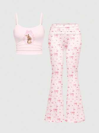 [Lencería] Conjunto de 2 piezas de mujer con camiseta de tirantes sexy y pantalones acampanados de cintura baja fruncidos