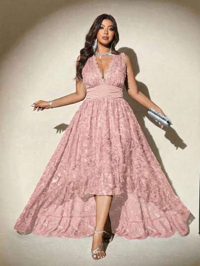 Viva Relle Vestido elegante con cuello en V, cintura ceñida y encaje para tallas grandes